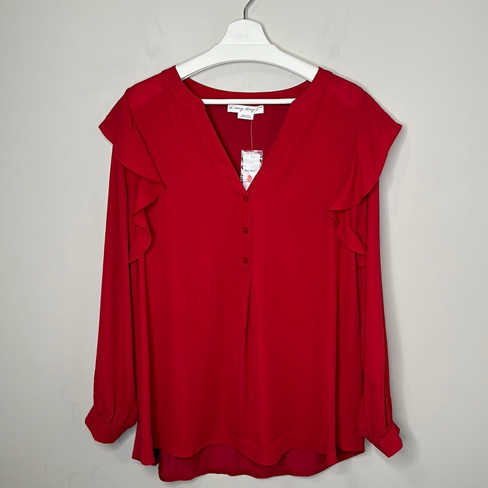 NWT Penningtons Red Mixed Media Blouse With Ruffle Shoulders - Picture 3 of 14